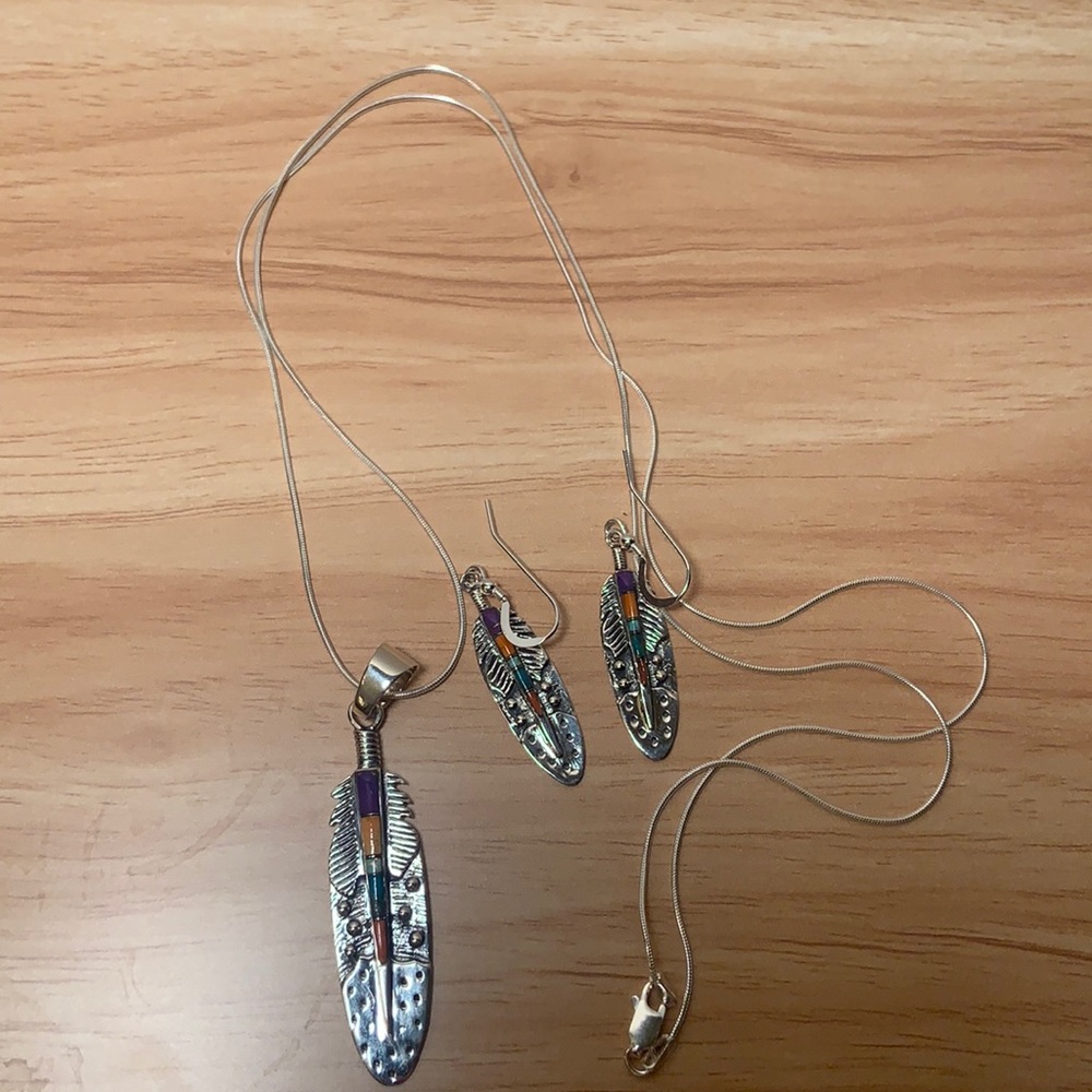 Feather earrings and matching long necklace